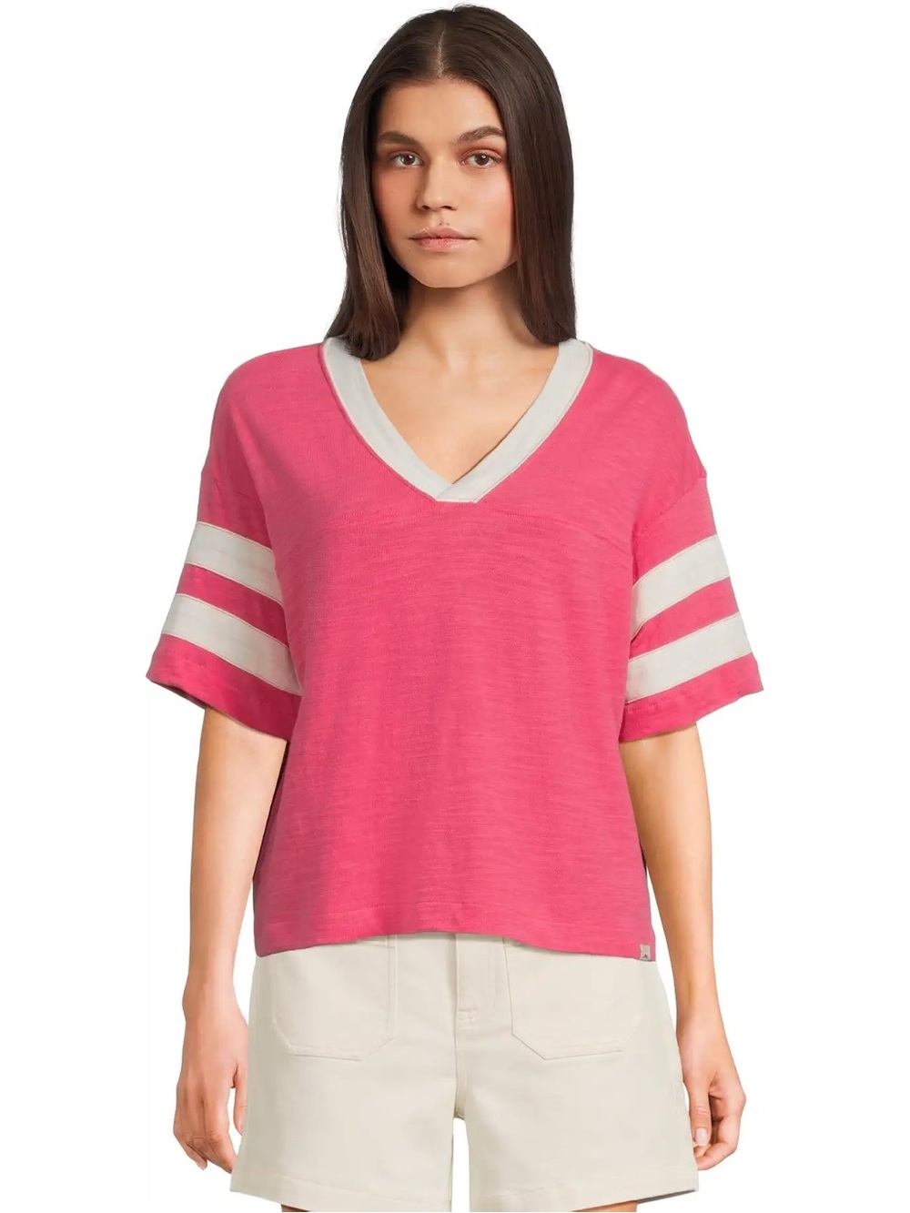 Faherty Sunwashed Organic Cotton Football Tee Pink XL Varsity Stripe V-Neck